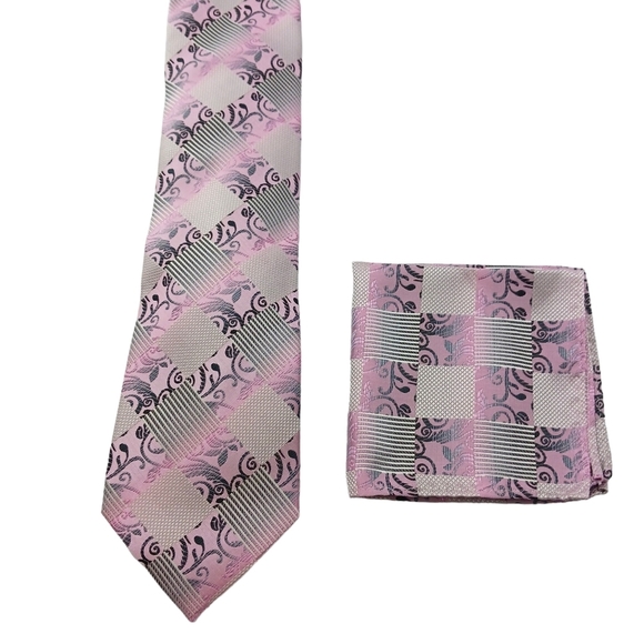 2 Piece Set Stacy Adams Mens Tie & Pocket Square Spring Business Pink Black 58" - Picture 1 of 5